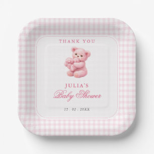 Assiettes En Carton Petite Ourson Rose à Carreaux Baby Shower