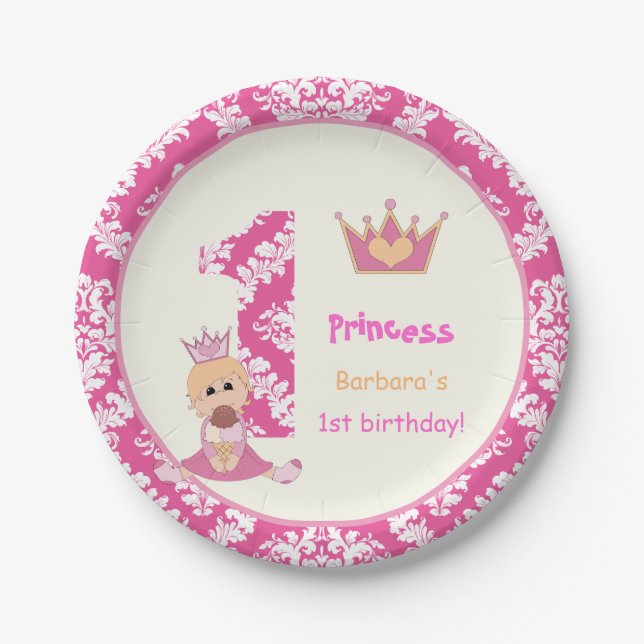Assiettes En Carton Petite princesse filles 1er anniversaire hot rose  (Devant)