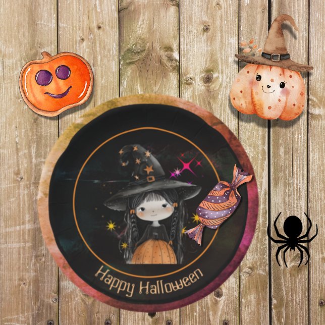 Assiettes En Carton Petite sorcière des monstres d'Halloween (Halloween Monsters Little Witch Paper Plates)