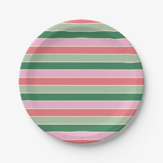 Assiettes En Carton Petites bandes de corail, rose et vert