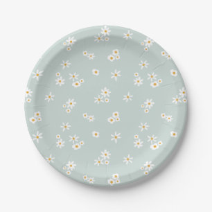 Assiettes En Carton Petites fleurs blanches sur le bleu - motif sans s