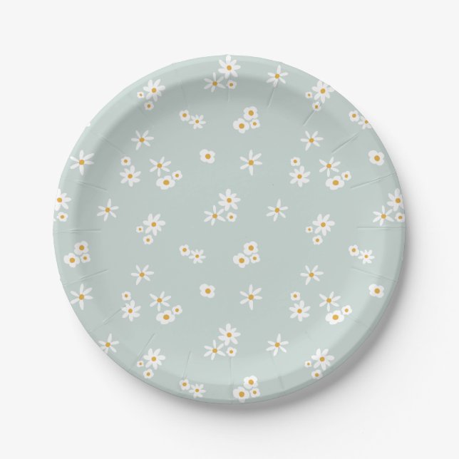 Assiettes En Carton Petites fleurs blanches sur le bleu - motif sans s (Devant)