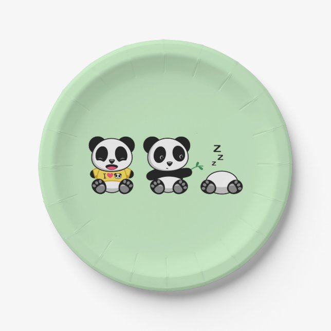 Assiettes En Carton Petites pandas mignonnes sur vert (Devant)