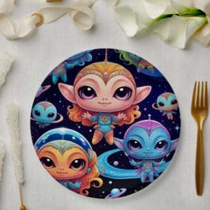 Assiettes En Carton Petits Aliens multicolores dans l'espace