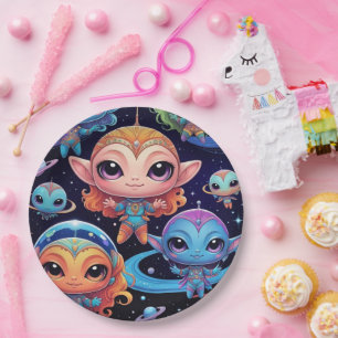 Assiettes En Carton Petits Aliens multicolores dans l'espace