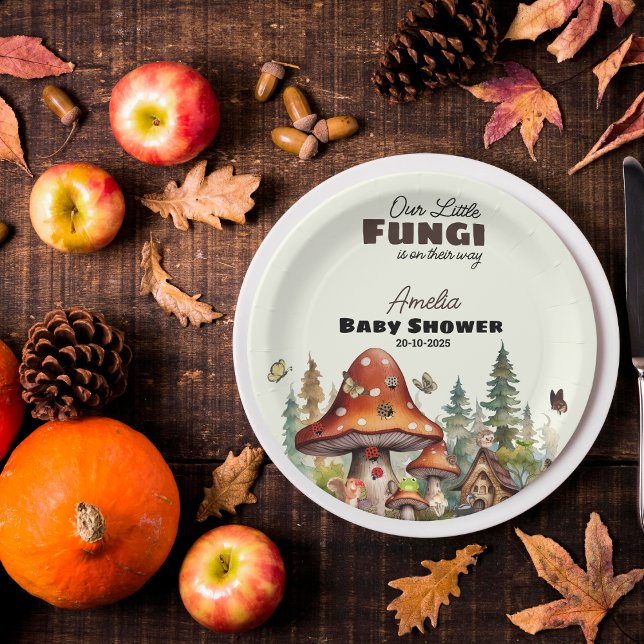 Assiettes En Carton Petits champignons Champignons Forêt de bois Whims (Celebrate your our little fungi is on the way, with these whimsical woodland mushroom plates )