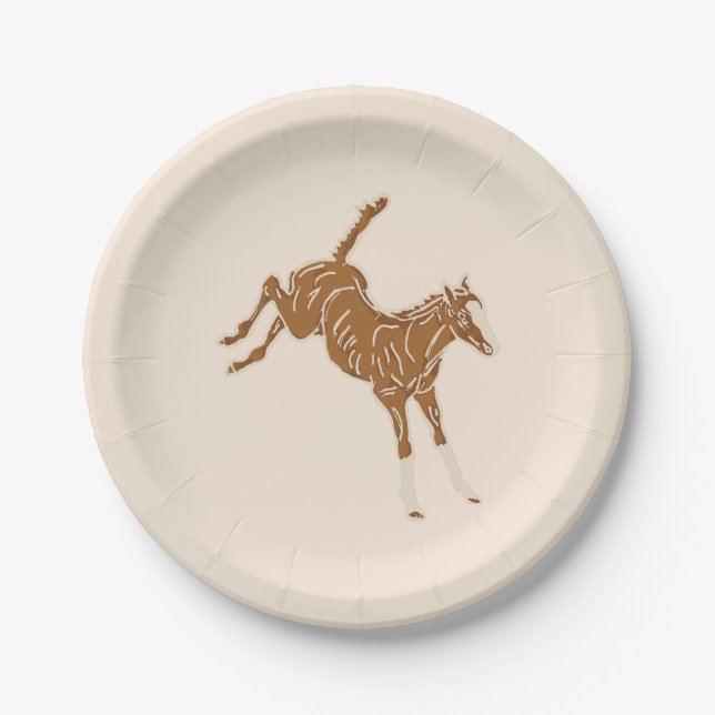 Assiettes En Carton Petits Chevaux Brown - sur rose saumon. (Devant)