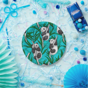 Assiettes En Carton Petits panda turquoise