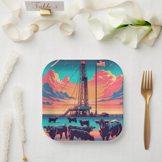 Assiettes En Carton Pétrole à gaz à Sunset Cattle et drapeau américain (Mariage)