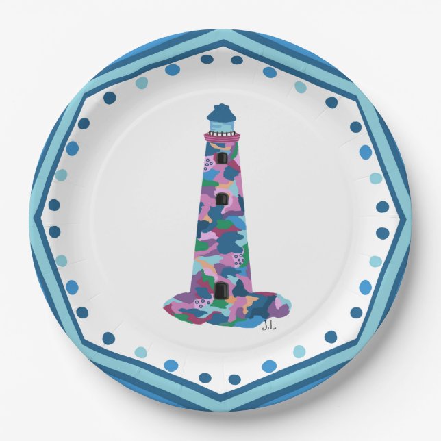 Assiettes En Carton Phare aquarelle en plaque de papier avec bordure (Devant)