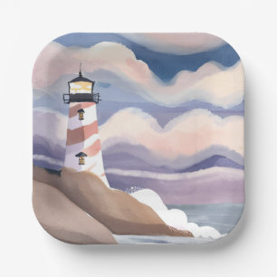 Assiettes En Carton Phare de bord de mer   Peinture à l'aquarelle de l