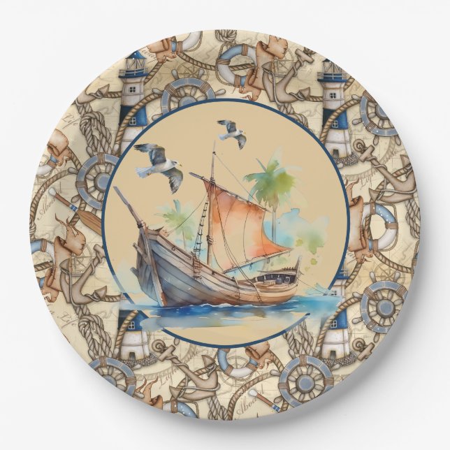 Assiettes En Carton Phare Nautique Avec Bateau (Devant)