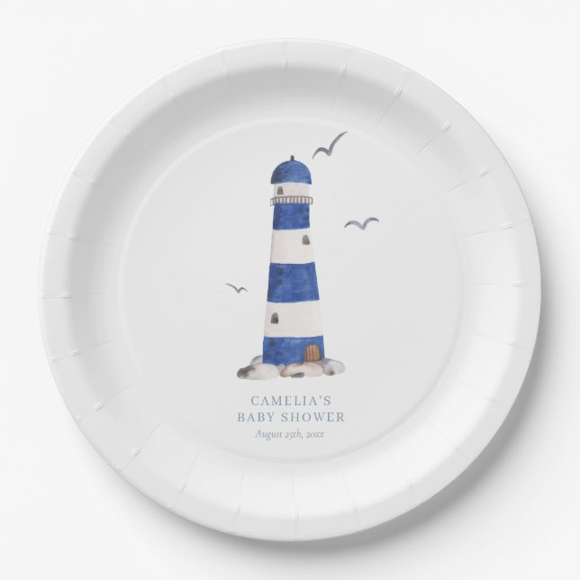 Assiettes En Carton Phare Nautique Minimal Baby shower Ahoy Boy (Devant)