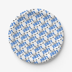 Assiettes En Carton PhD Grad 2021 Caps et diplômes (Bleu)