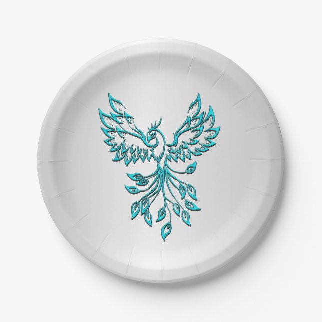 Assiettes En Carton Phoenix bleu turquoise se lève sur l'argent (Devant)