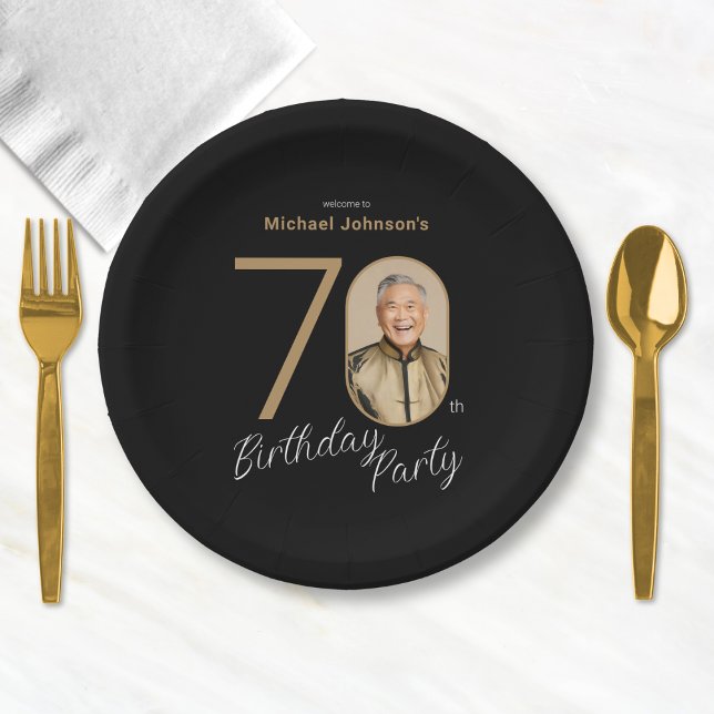Assiettes En Carton Photo Black Gold 70th Birthday  (Photo Black Gold 70th Birthday Paper Plates)