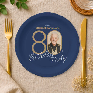 Assiettes En Carton Photo Bleu Marine Or Élégant Personnalisé 80e Anni