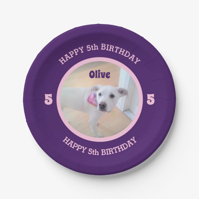 Assiettes En Carton Photo Chien chiot violet et rose Anniversaire 5 (Devant)