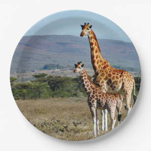 Assiettes En Carton Photo de girafe de la faune mère et bébé