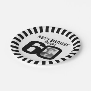 Assiettes En Carton Photo et rayures de 60e anniversaire noir et blanc