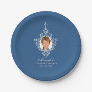 Assiettes En Carton Photo First Communion Boy Classic Blue Elegant