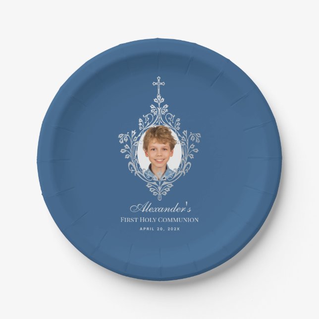 Assiettes En Carton Photo First Communion Boy Classic Blue Elegant (Devant)