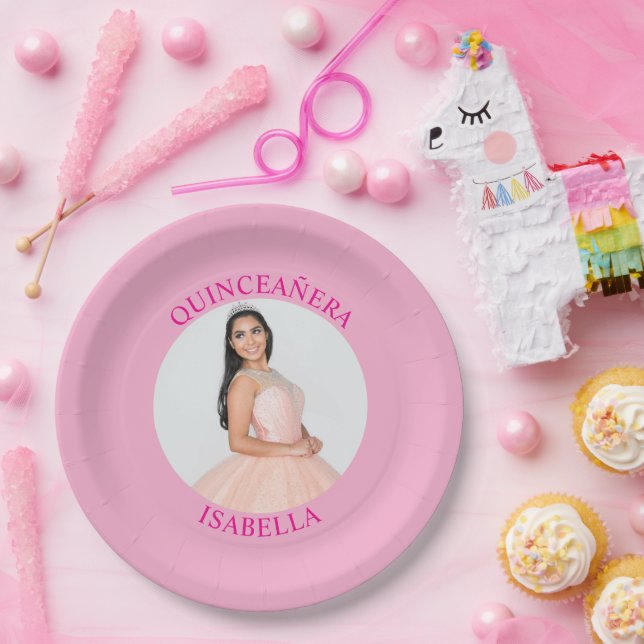 Assiettes En Carton Photo minimaliste moderne rose Quinceañera (Fête)