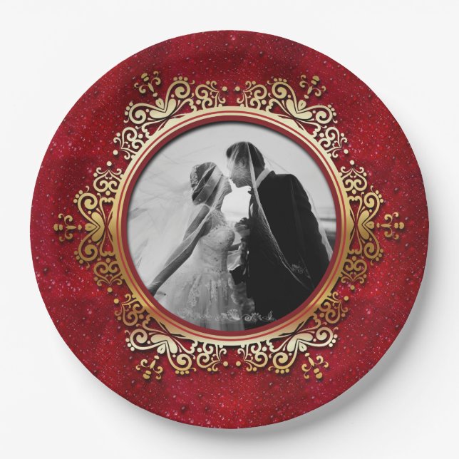 Assiettes En Carton Photo personnalisée Elegant Red Gold Rose gouttes (Devant)