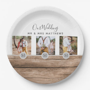 Assiettes En Carton Photo Rustic Collage Monogram NEWLYWEDS WEDDING