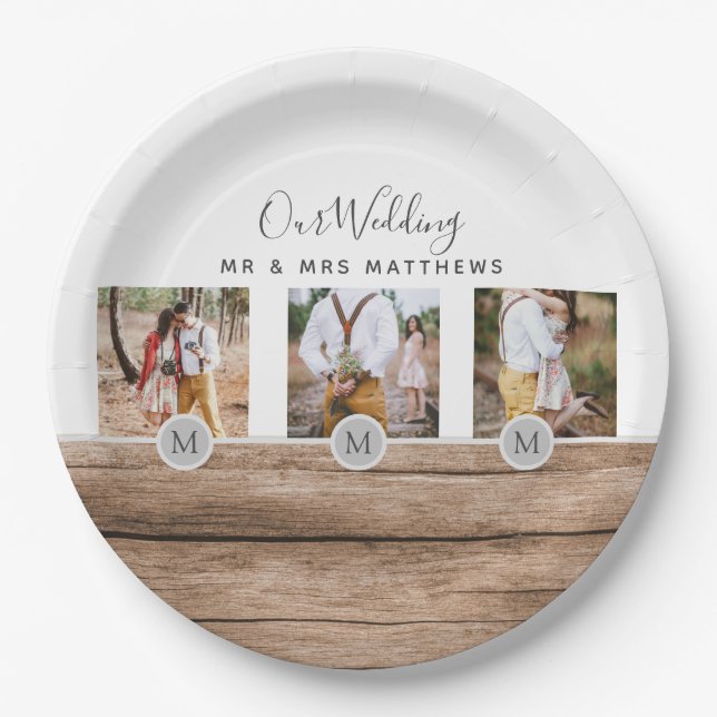 Assiettes En Carton Photo Rustic Collage Monogram NEWLYWEDS WEDDING (Devant)