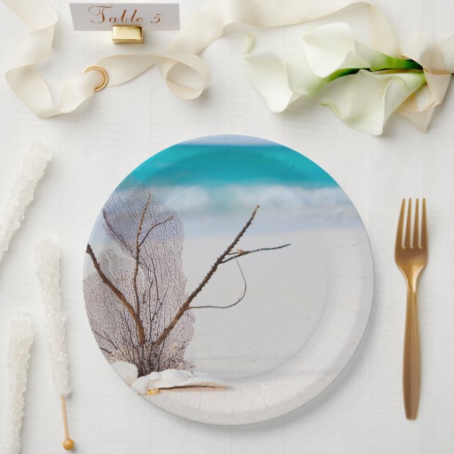 Assiettes En Carton Photographie de Coquillages sur une plage de sable (Mariage)