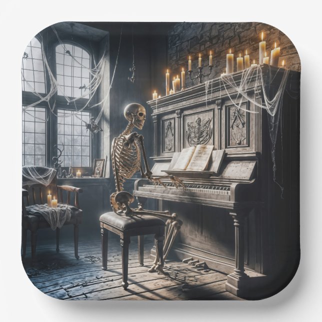 Assiettes En Carton Pianiste du squelette d'Halloween (Recto)