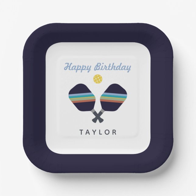 Assiettes En Carton Pickleball Party Sports Bleu foncé Paddles rayées (Recto)