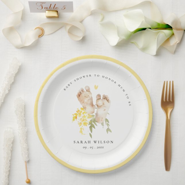 Assiettes En Carton Pieds bébé Jaune Floral Sexe Baby shower neutre (Mariage)