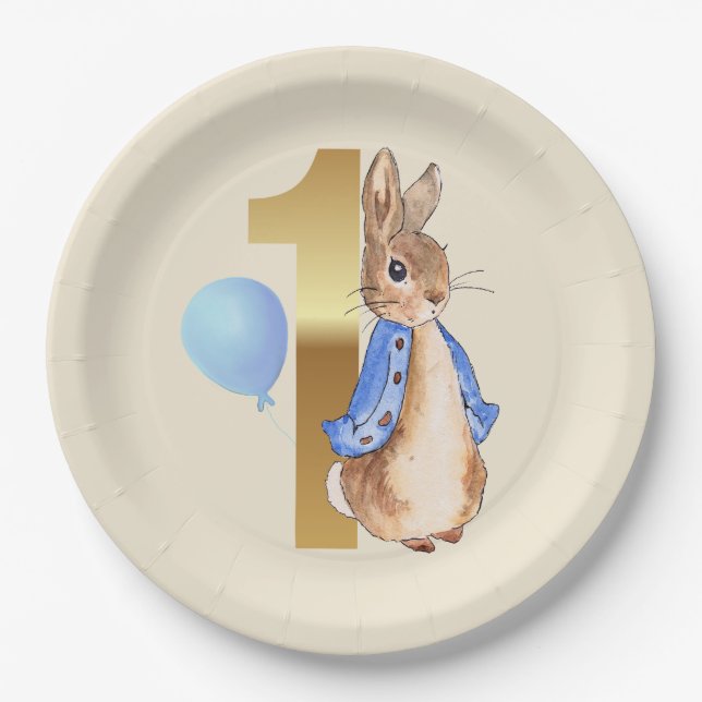 Assiettes En Carton Pierre le lapin 1er anniversaire Ballon bleu (Devant)