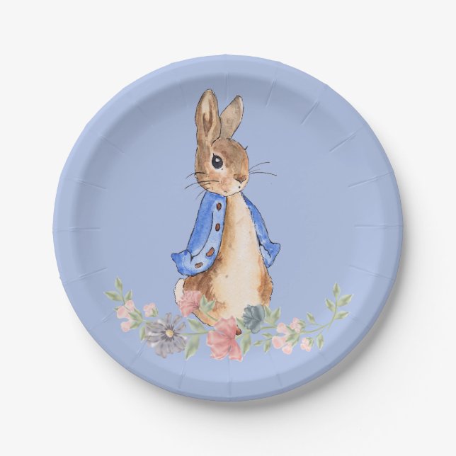 Assiettes En Carton Pierre le lapin avec couronne de fleurs (Devant)