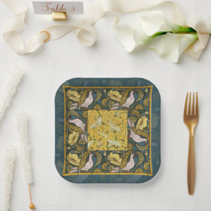 Assiettes En Carton Pigeon Blue Yellow Fish Art Nouveau
