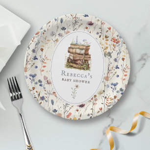 Assiettes En Carton Pile de livres baby shower aquarelle, fleur sauvag