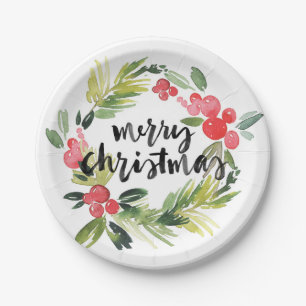 Assiettes En Carton Pin d'aquarelle et couronne blanche Joyeux Noël