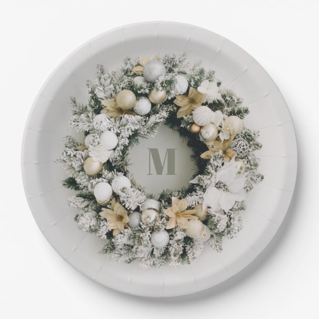 Assiettes En Carton Pin neigeux - couronne de Noël (Devant)
