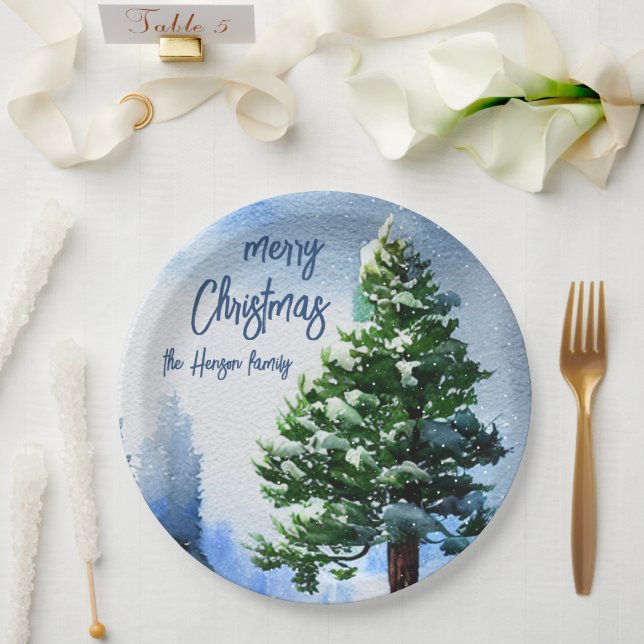 Assiettes En Carton Pine Arbre avec Aquarelle de neige Peinture Noël (Mariage)