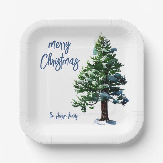 Assiettes En Carton Pine Arbre avec Aquarelle de neige Peinture Noël (Recto)
