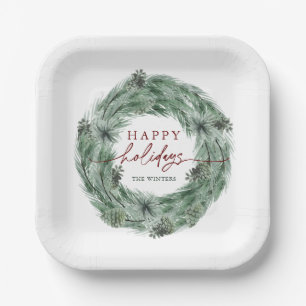 Assiettes En Carton Pine Tree Wreath Happy Holidays Green & Red