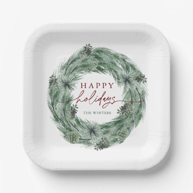 Assiettes En Carton Pine Tree Wreath Happy Holidays Green & Red (Recto)