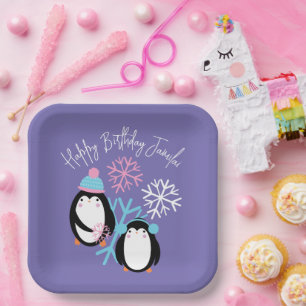 Assiettes En Carton Pingouin Anniversaire Snowflakes Pink Blue Winter 