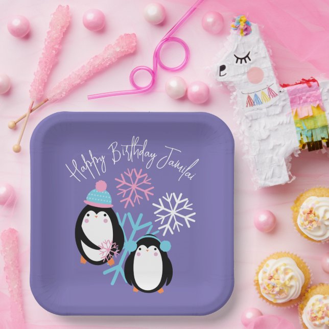 Assiettes En Carton Pingouin Anniversaire Snowflakes Pink Blue Winter  (Fête)