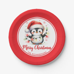 Assiettes En Carton Pingouin avec lumières Joyeux Noël blanc et rouge