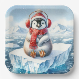 Assiettes En Carton Pingouin de Noël dans les flocons de neige
