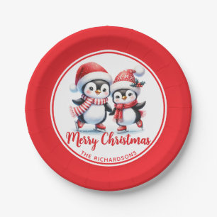 Assiettes En Carton Pingouins de patinage sur glace rouge et blanc Joy