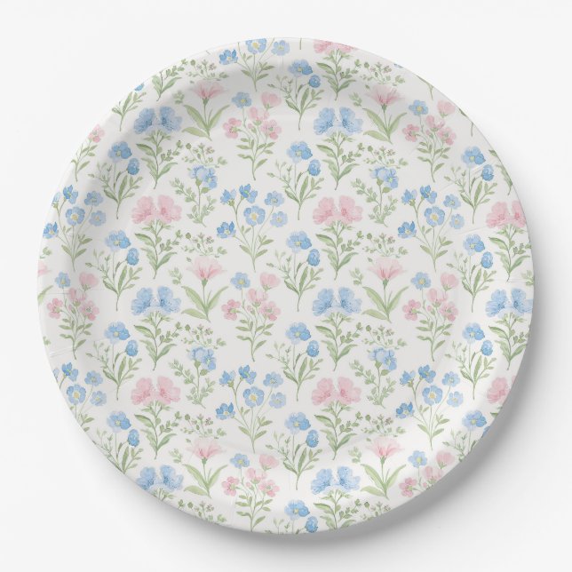 Assiettes En Carton Pink and Blue Grandmillennial Floral (Devant)